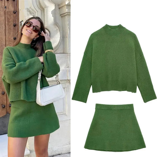 Ladies Autumn Winter Skirts Suit Women Long Sleeve O Neck Sweater Pullover Top Women Elegant Solid Slim A-Line Mini Skirt Set