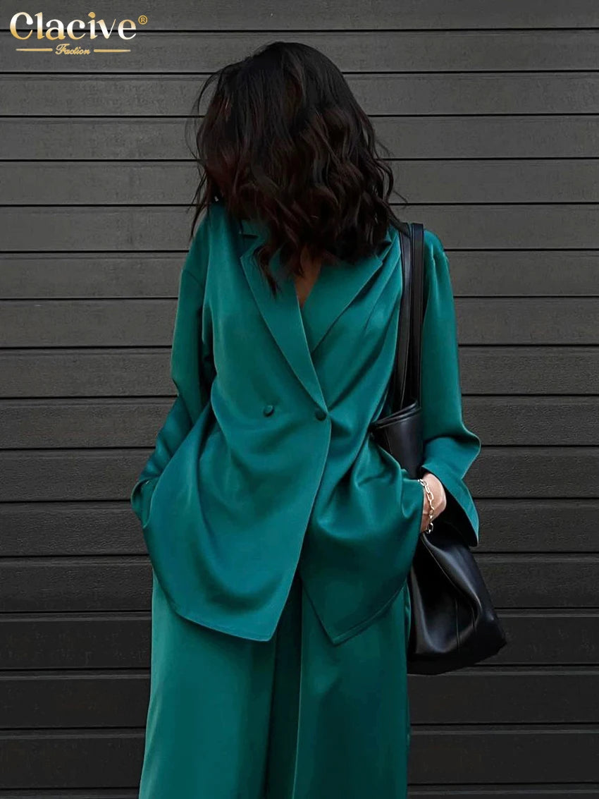 Clacive Fashion Long Sleeve Blazer Two Piece Sets Women Outifits Casual Loose Office Pants Set Elegant Green Satin Trouser Suits