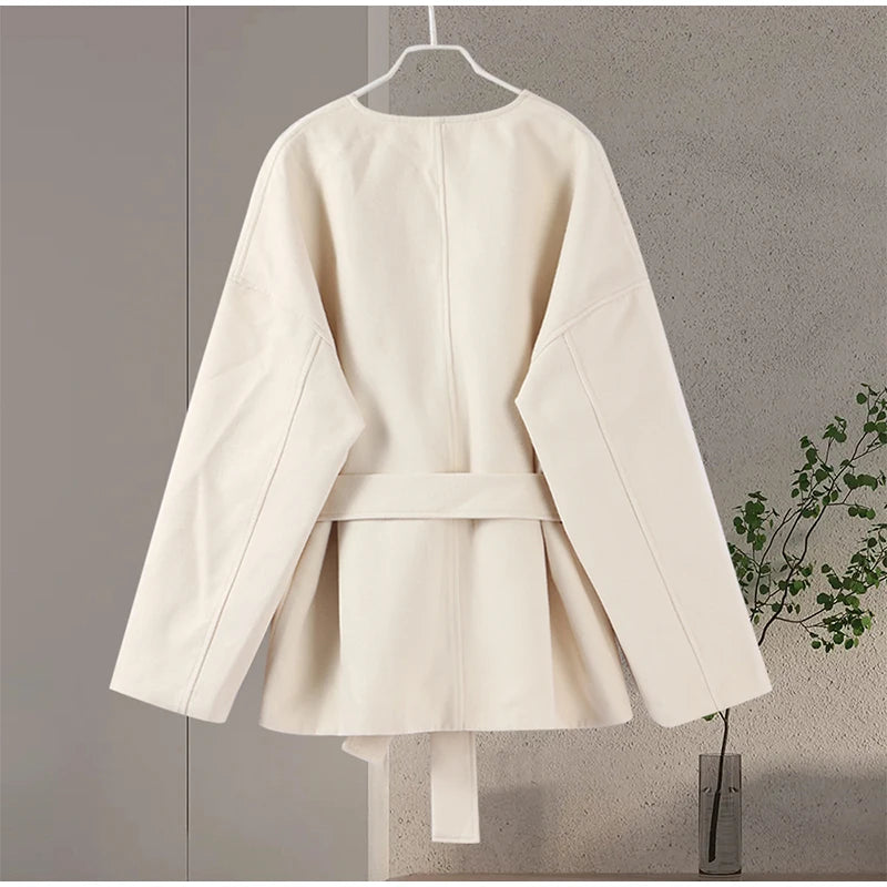 Solid Women's Slim Coat Elegant V-neck Belts Chic Long Sleeve Jacket Casual 2024 Autumn Lady Office Street Lady Outerwear Tops