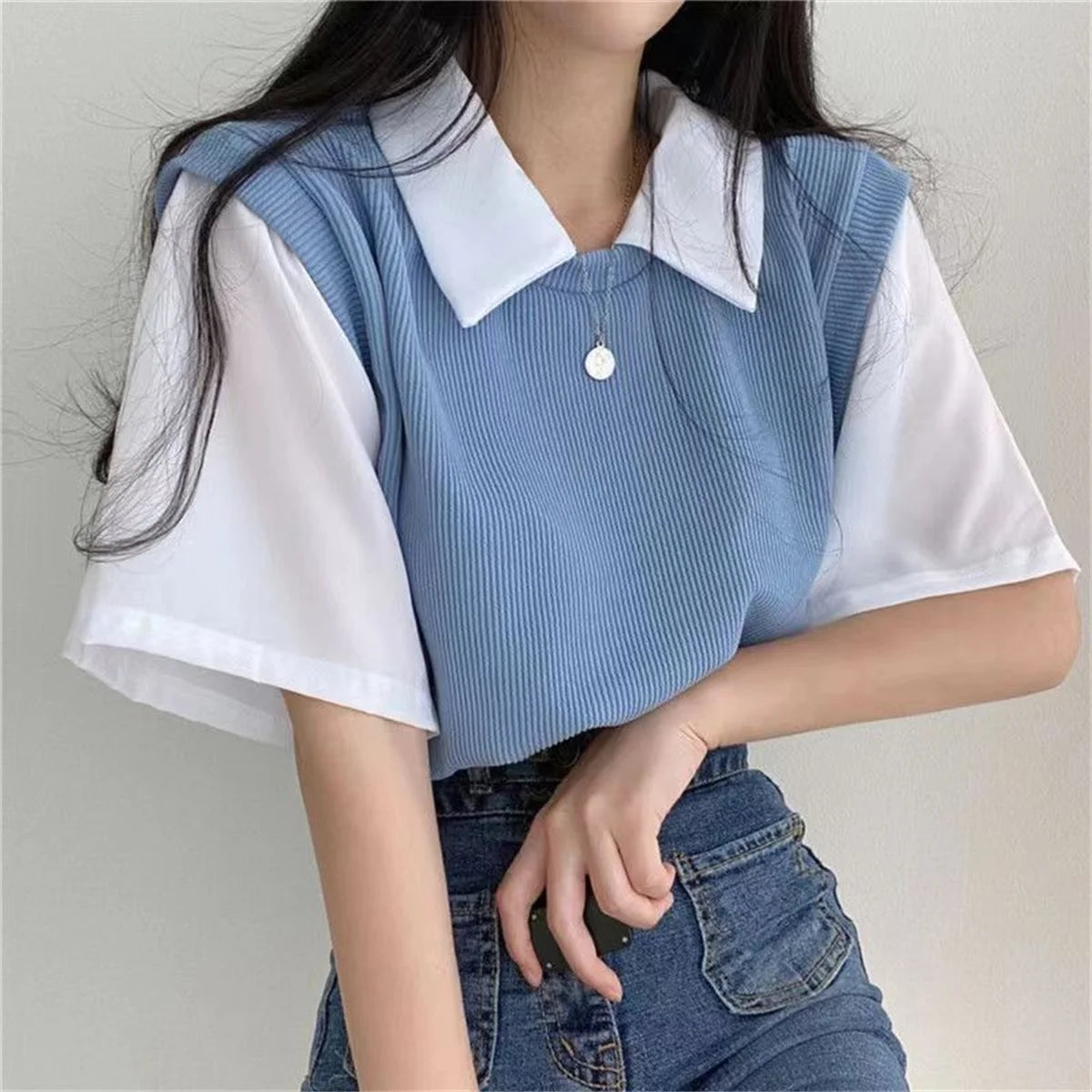 Summer Blouse Women Korean Style False Two-piece Polo Collar Blouses Y2k Tops Streetwear Loose Youth Pullovers Elegant Shirt