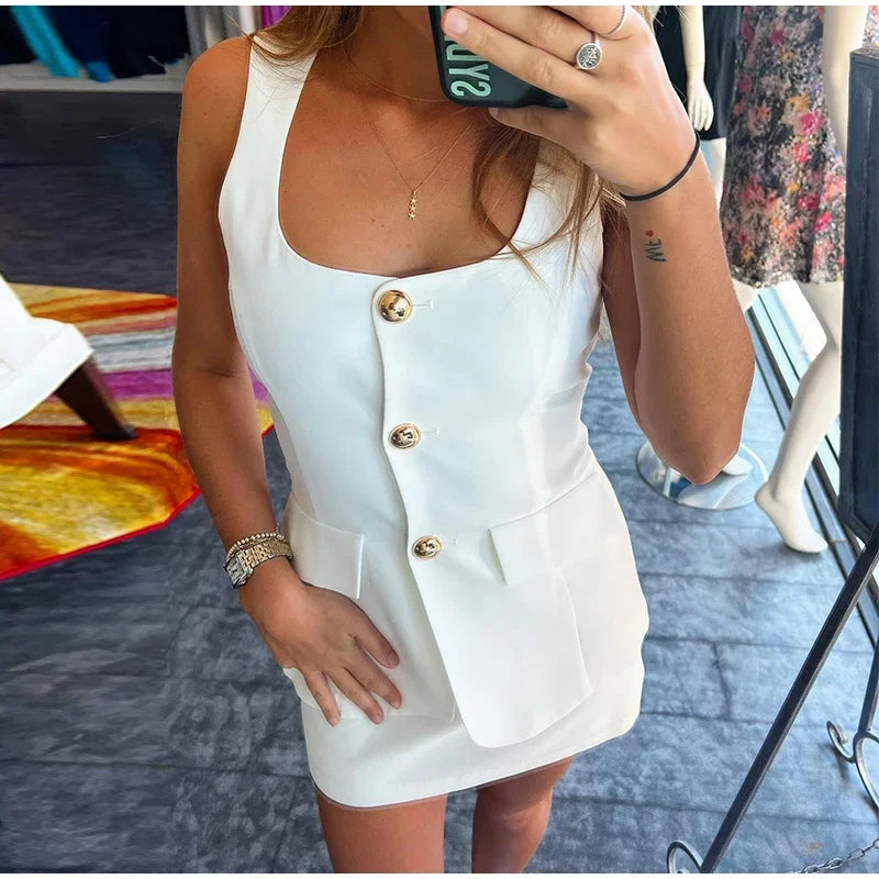 Elegant Solid Mini Skirt Sets Women Square Collar Pockets Tank Top Hip Package Short Skirts 2 Pieces Sets Office Lady Chic Suits