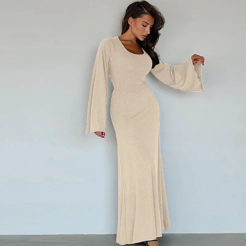 Solid Ribbed Trumpet Long Sleeve Maxi Dress Back Lace-Up Straps Elegant Casual  For Women A little thinner Dresses All seasons