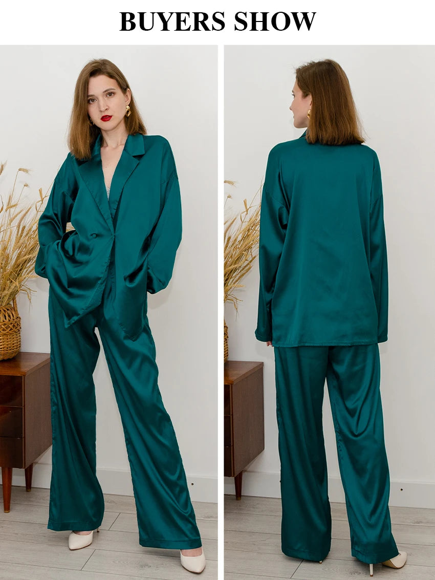 Clacive Fashion Long Sleeve Blazer Two Piece Sets Women Outifits Casual Loose Office Pants Set Elegant Green Satin Trouser Suits