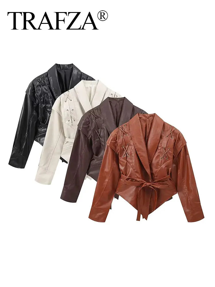 TRAFZA Female Street Leather Jacket 2024 Autumn Women's Versatile Brown Long Sleeves V-neck Single Breasted Lace-up Causal Coats