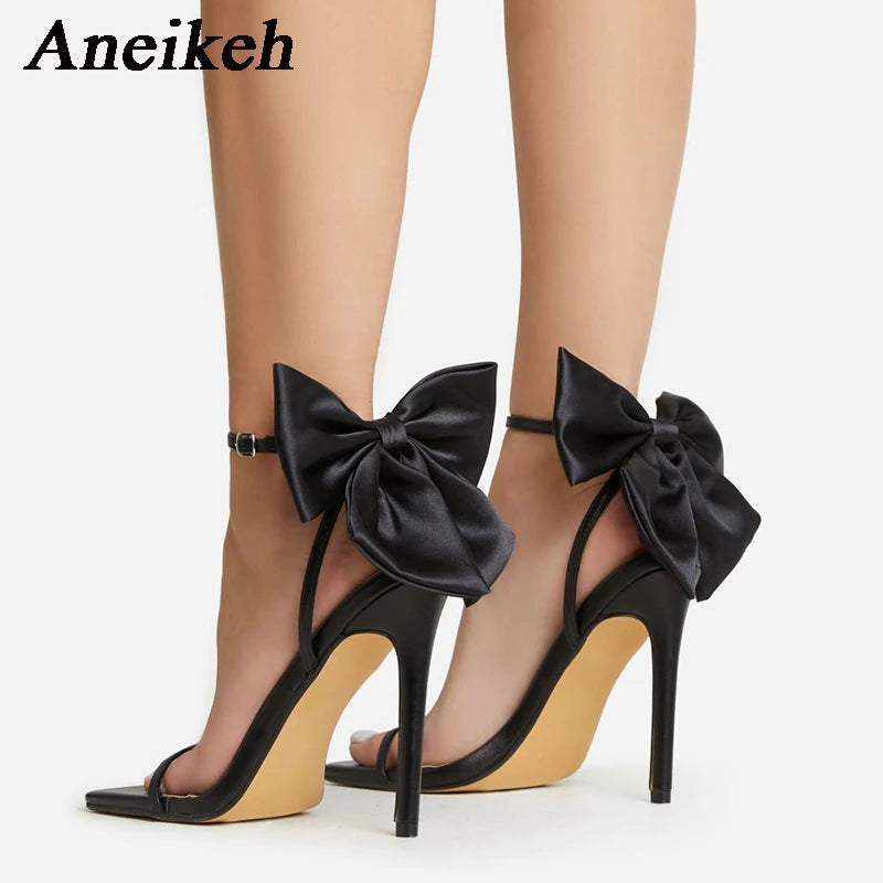 Aneikeh 2024 Summer PU Butterfly-Knot Sandals Square Toe Thin Heels Party Shallow Concise Sweet Buckle Strap Adult Open  Pleated