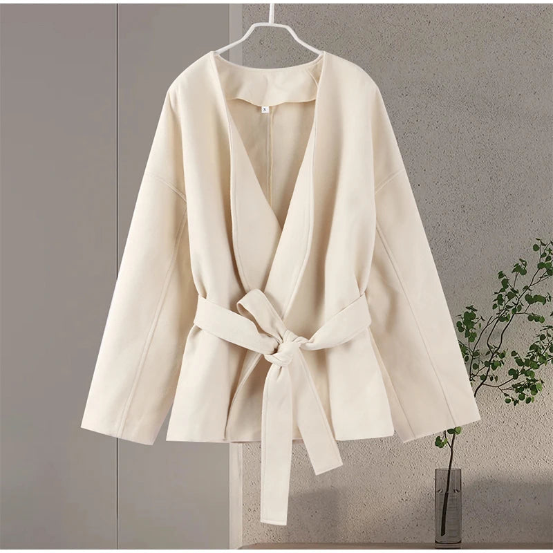 Solid Women's Slim Coat Elegant V-neck Belts Chic Long Sleeve Jacket Casual 2024 Autumn Lady Office Street Lady Outerwear Tops