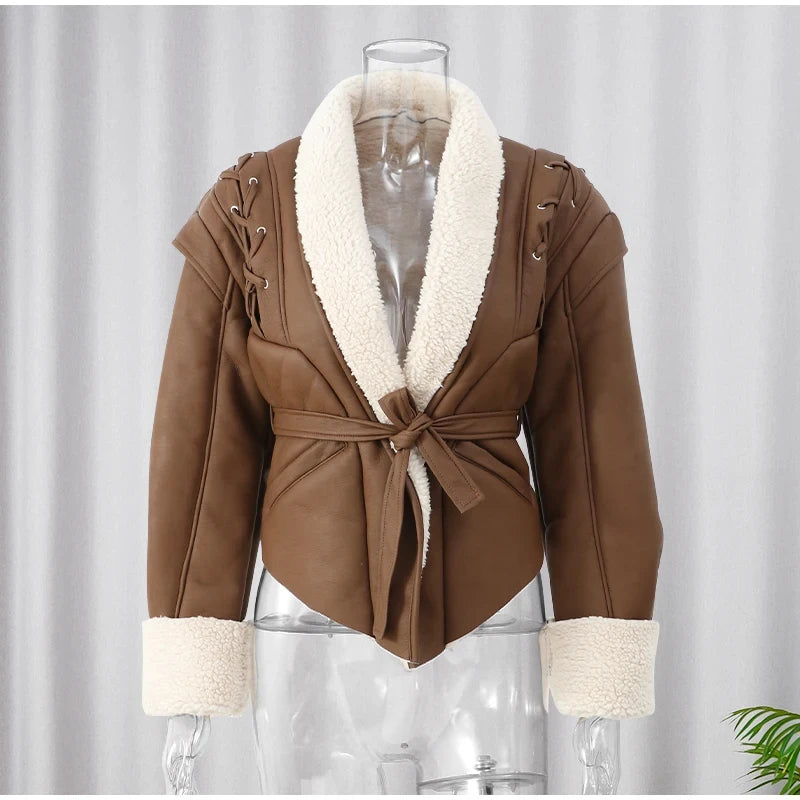 TRAFZA Female Street Leather Jacket 2024 Autumn Women's Versatile Brown Long Sleeves V-neck Single Breasted Lace-up Causal Coats