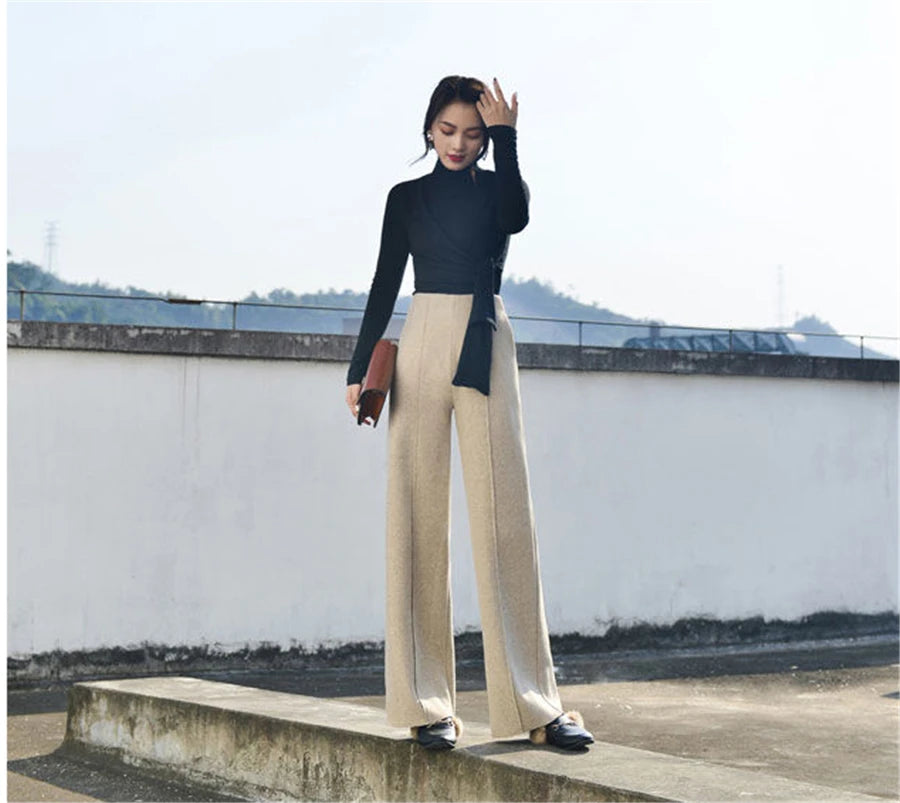 Super High Waist Wool Blend Pants Fall Winter Womens Warm Straight Trousers Loose Cashmere Thick Woolen Wide Leg Pantalones New