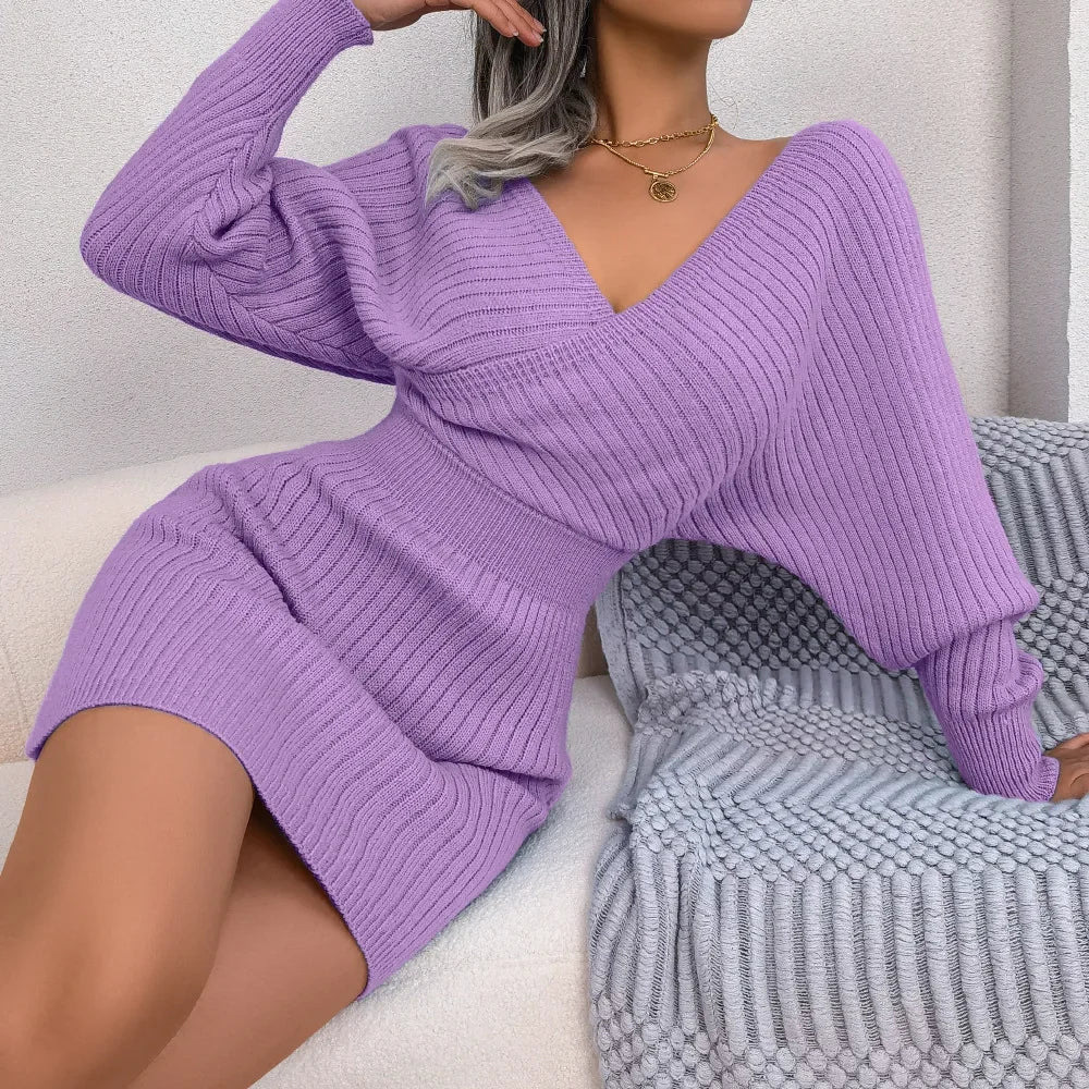 2024 New Spring Bodycon Sweater Dresses For Women Autumn Casual Long Sleeve Knitted Clothes White Green Blue Black Purple Dress