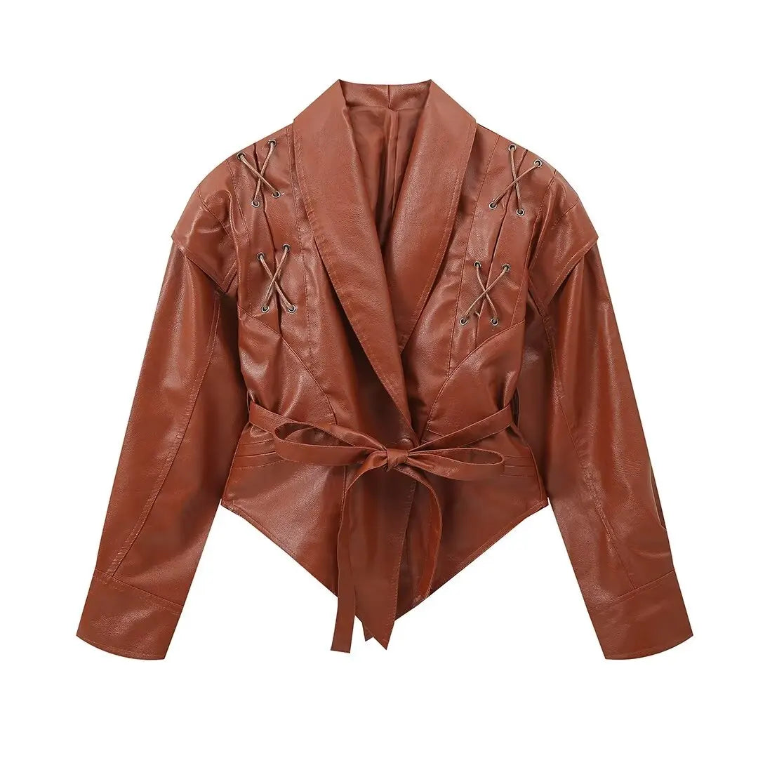 TRAFZA Female Street Leather Jacket 2024 Autumn Women's Versatile Brown Long Sleeves V-neck Single Breasted Lace-up Causal Coats