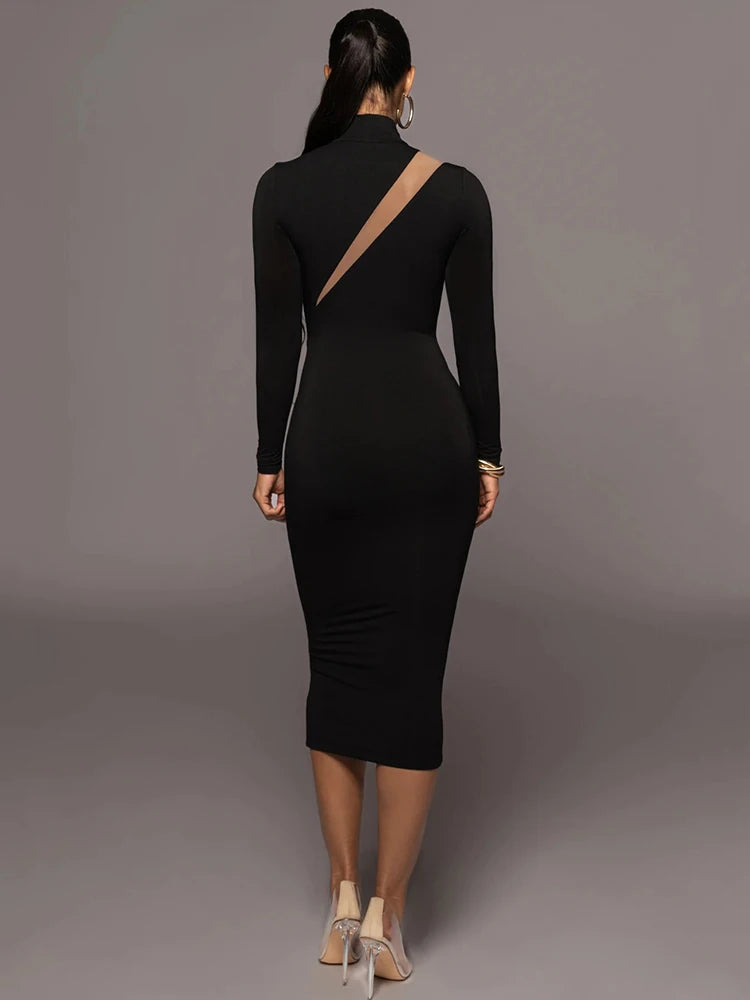 Mozision Elegant Long Sleeve Bodycon Sexy Maxi Dress For Women Autumn Winter Fashion Half High Collar Club Party Sexy Long Dress