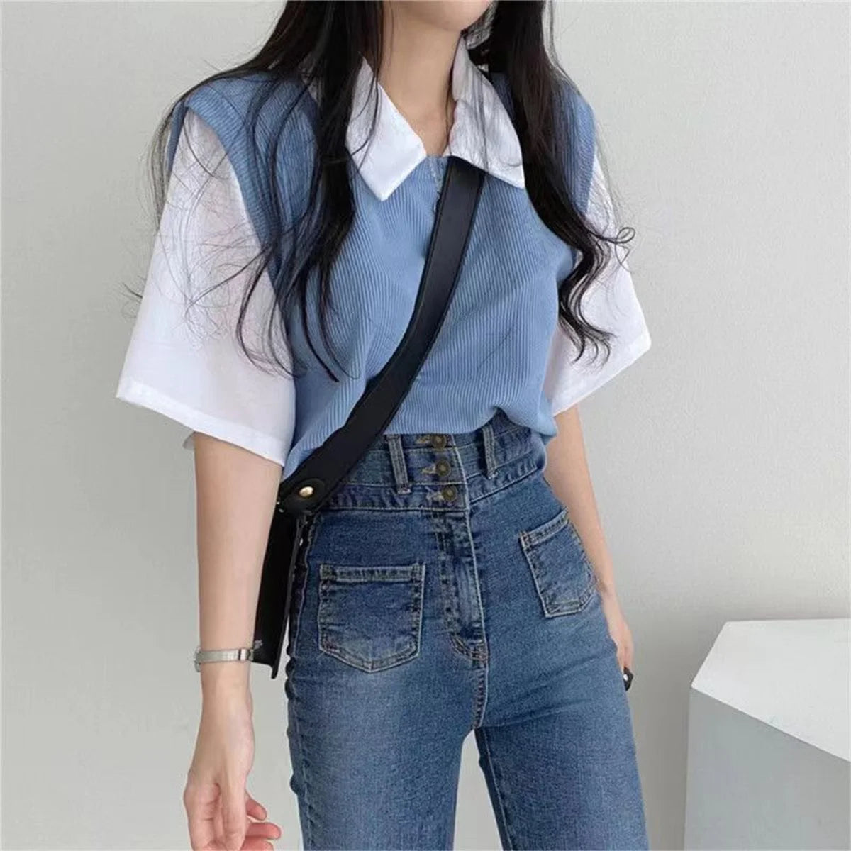 Summer Blouse Women Korean Style False Two-piece Polo Collar Blouses Y2k Tops Streetwear Loose Youth Pullovers Elegant Shirt