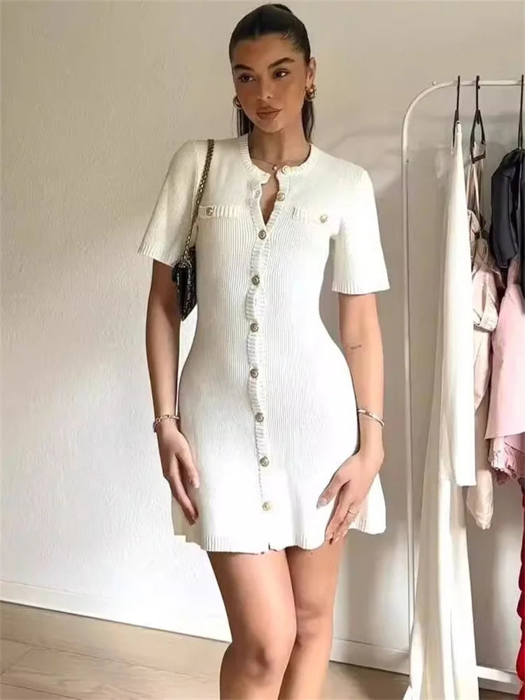 Tossy White Knit Mini Dress For Women Fashion Short Sleeve Patchwork Pocket Loose Elegant Dress Women's Knitwear Mini Dress 2024