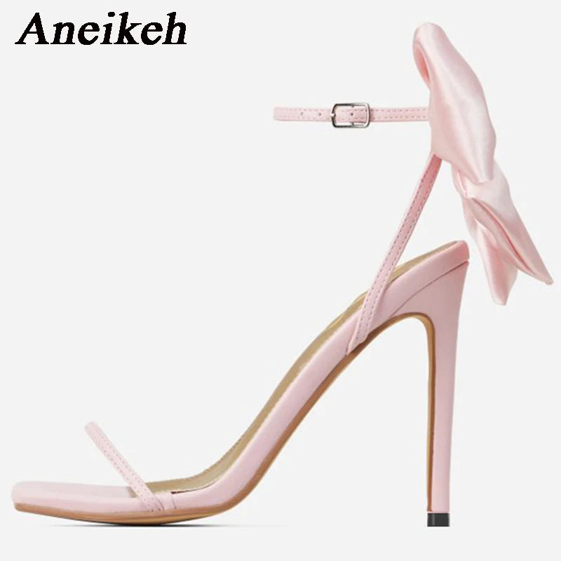 Aneikeh 2024 Summer PU Butterfly-Knot Sandals Square Toe Thin Heels Party Shallow Concise Sweet Buckle Strap Adult Open  Pleated