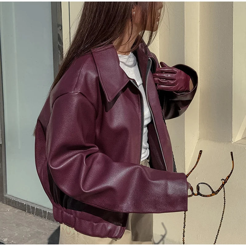 Plum Leather Bomber