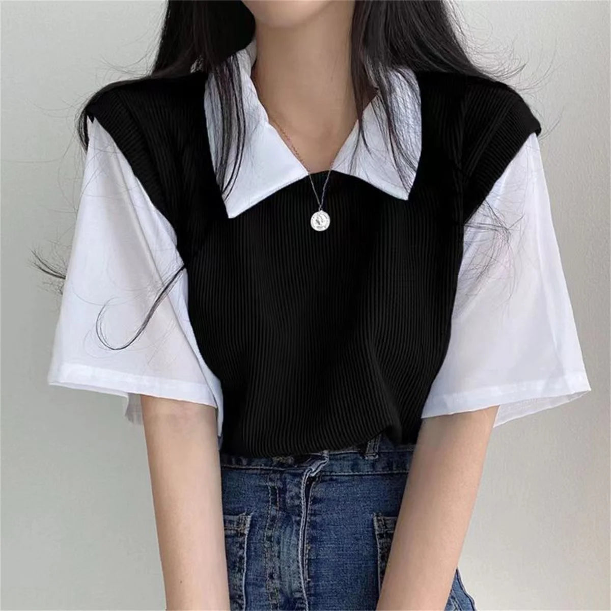 Summer Blouse Women Korean Style False Two-piece Polo Collar Blouses Y2k Tops Streetwear Loose Youth Pullovers Elegant Shirt