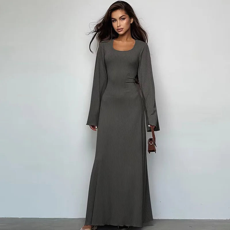 Solid Ribbed Trumpet Long Sleeve Maxi Dress Back Lace-Up Straps Elegant Casual  For Women A little thinner Dresses All seasons