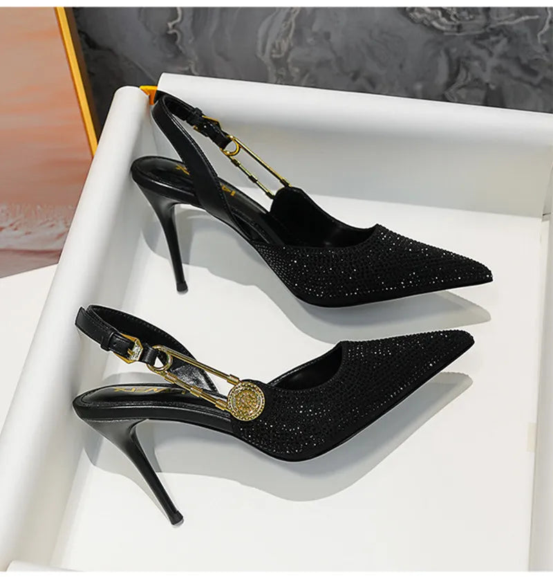 Luxury Rhinestones Sequined Buckle Women Pumps Elegant Pointed toe Slingbacks Stiletto High heels Spring Summer Fashion Shoes