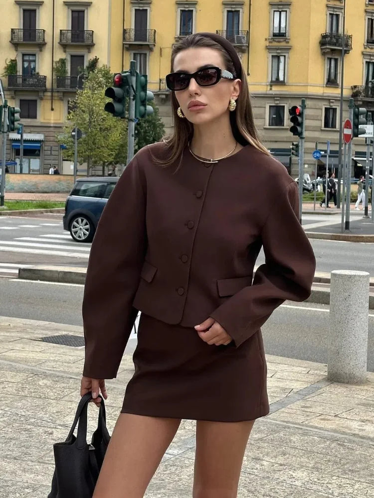 Elegant Mini Skirt Suits Women 2 Pieces Sets Fashion Balloon Buttons Cropped Blazer Coat Zipper Skirts Female Streetwear Outfits