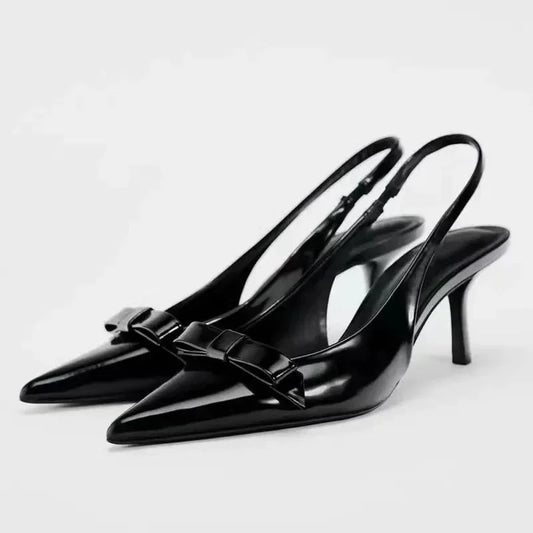 New Modern Office Shoes for Women White Black Wedding Slingback Pointed Toe Butterfly Decoration Female High Heeled Sandals