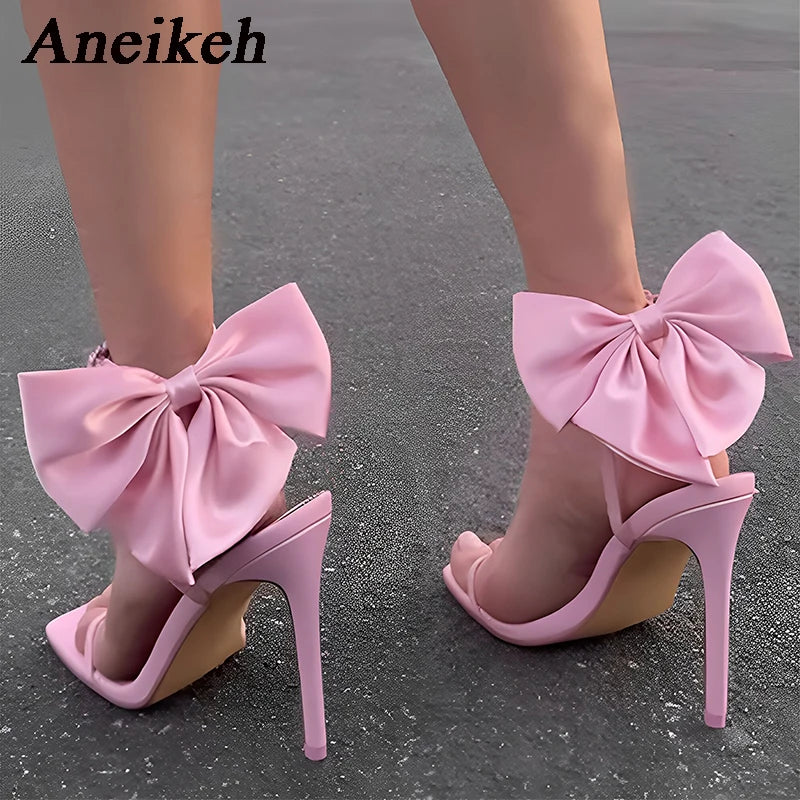 Aneikeh 2024 Summer PU Butterfly-Knot Sandals Square Toe Thin Heels Party Shallow Concise Sweet Buckle Strap Adult Open  Pleated