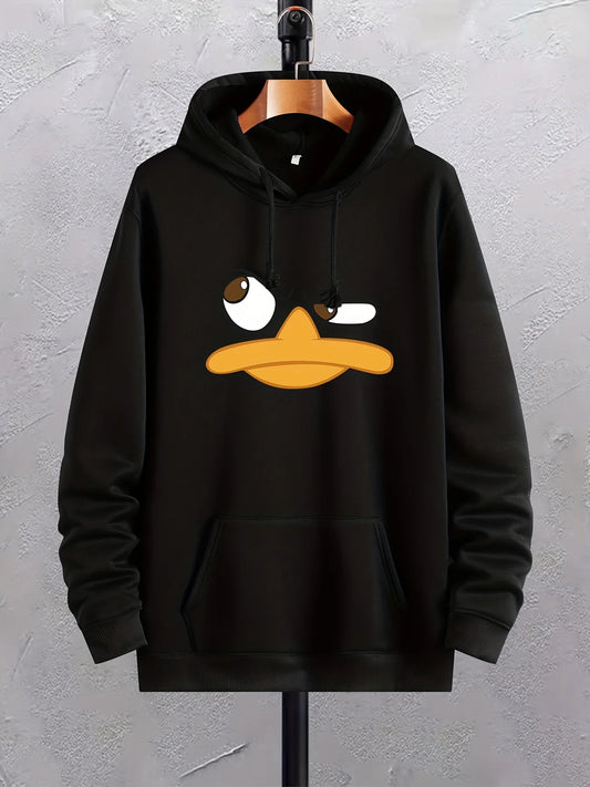 Cartoon Duck Print Hoodies For Men, Graphic Hoodie With Kangaroo Pocket, Comfy Loose Trendy Drawstring Hooded Pullover