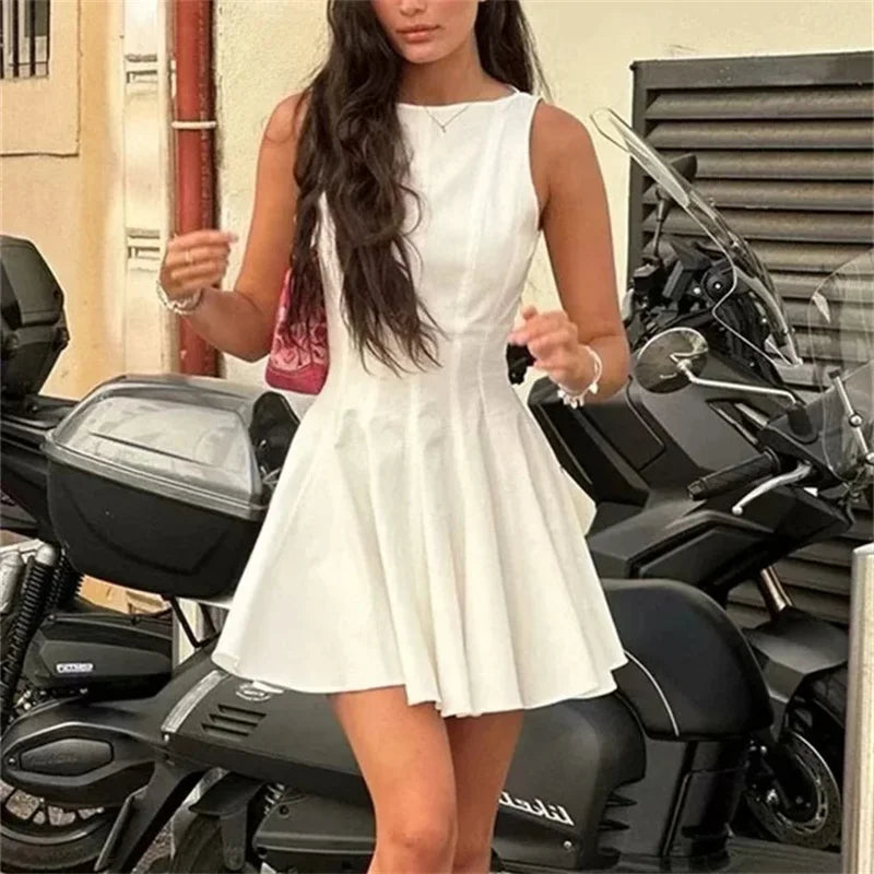 TRAF White Short Dresses For Women 2024 Ruced Sleeveless Mini Dress Woman Summer Elegant Party Dresses Pleated Holiday Dress