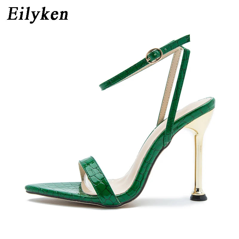 Eilyken Narrow Band Ankle Buckle Strap Green High Heels Sandals Women's Pointed Toe Party Female Shoes Sandalias Mujer