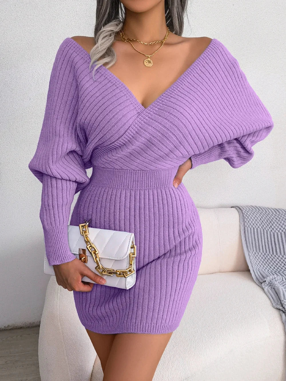 2024 New Spring Bodycon Sweater Dresses For Women Autumn Casual Long Sleeve Knitted Clothes White Green Blue Black Purple Dress