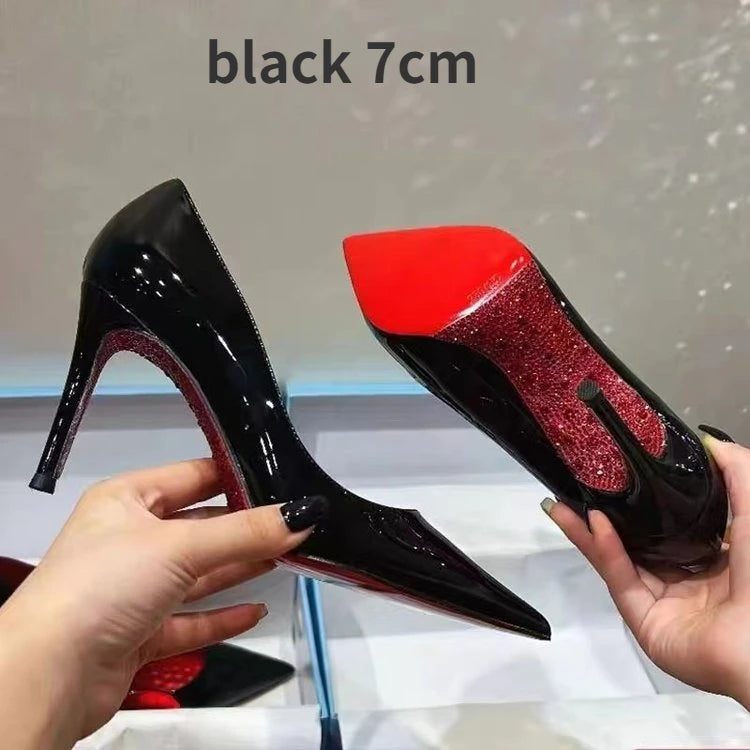 Rhinestone Red Bottom High Heels Female Large Size Single Shoes Spring Autumn Pointed Thin Heel Party Stiletto Zapato De Tacon