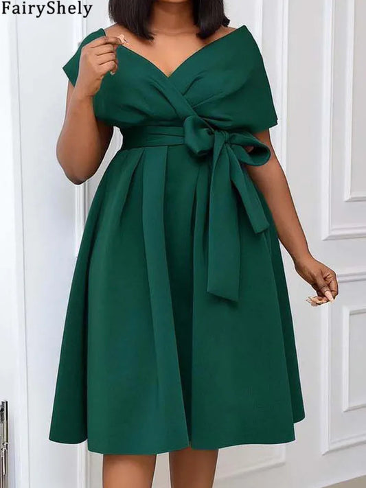 FairyShely 2024 Solid V Neck Plus Size Dress Sexy Women Short Sleeve Large Big Bow Dresses Summer Lady Party Tight Curvy Dress