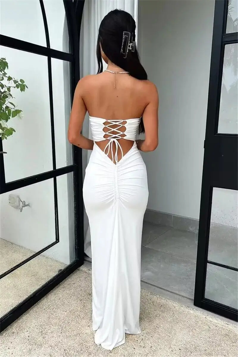 Strapless Backless Lace-up Maxi Dress