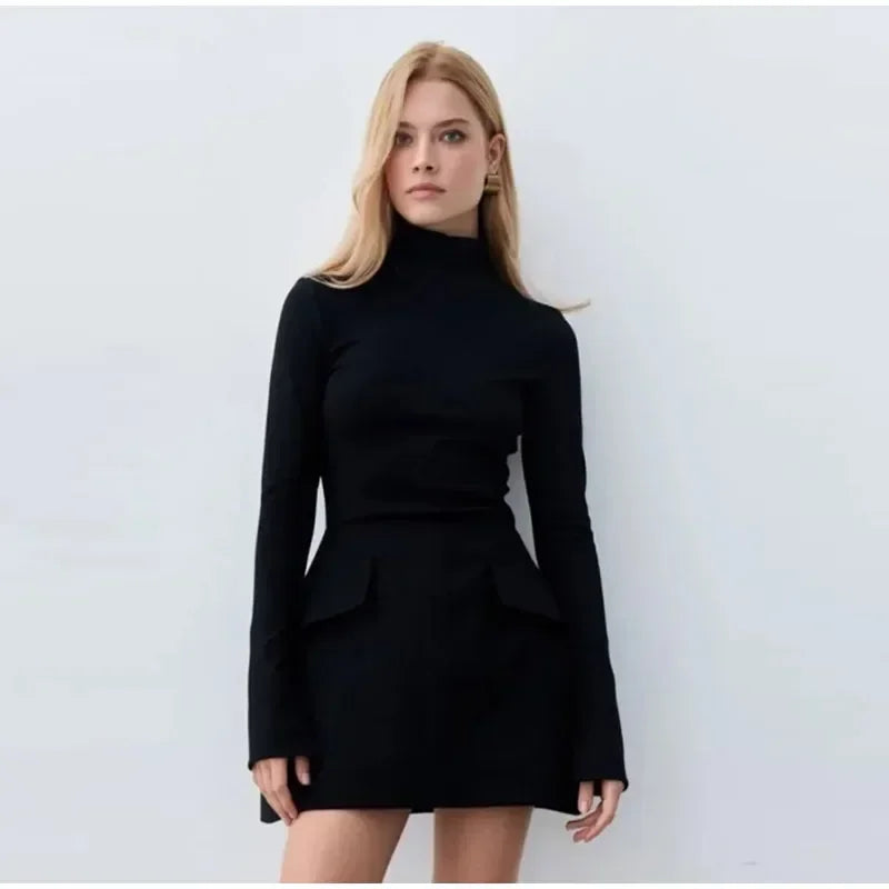 Elegant Long Sleeve Half Turtleneck Dress Women Sexy Autumn Spring Hip Package Skirts for Female 2024 Newest Slim Party Dresses