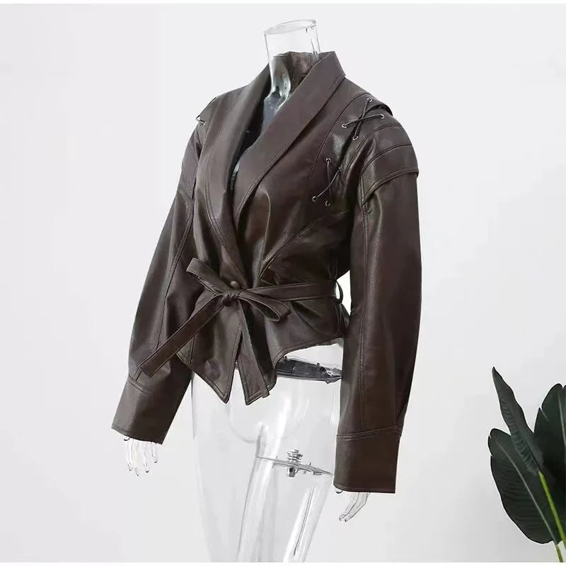 TRAFZA Female Street Leather Jacket 2024 Autumn Women's Versatile Brown Long Sleeves V-neck Single Breasted Lace-up Causal Coats