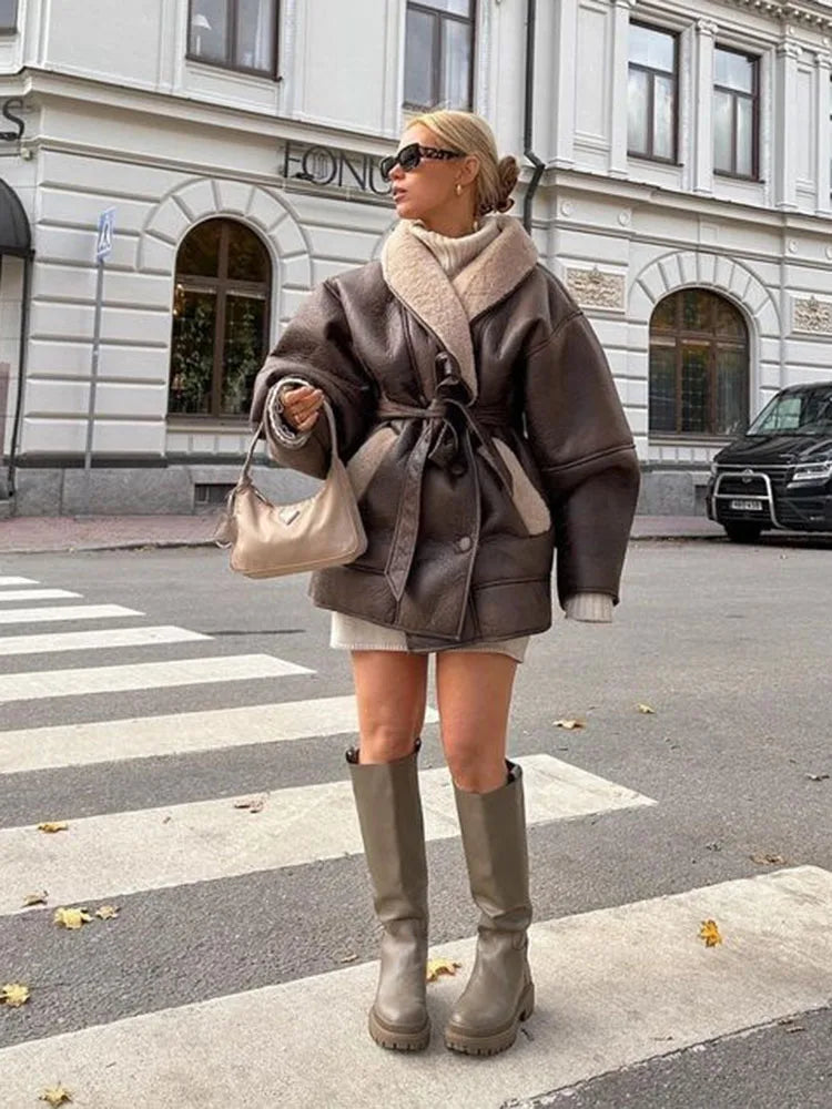 Thick Leather Jacket Women Winter Fashion Plush Single Breasted Turn-down Collar Belts Elegant Coat Female Long Sleeve Overcoat