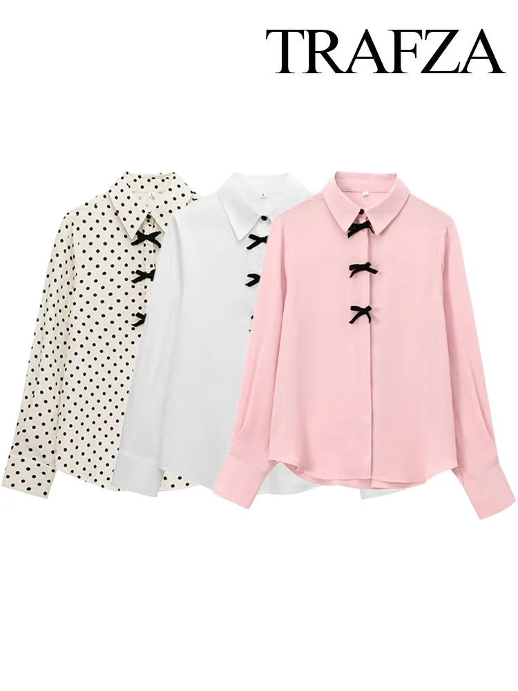 TRAFZA Autumn Fashion Women Blouses Pink Turn-Down Collar Long Sleeve Bow Decorate Single Breasted Female Casual Chic Shirts