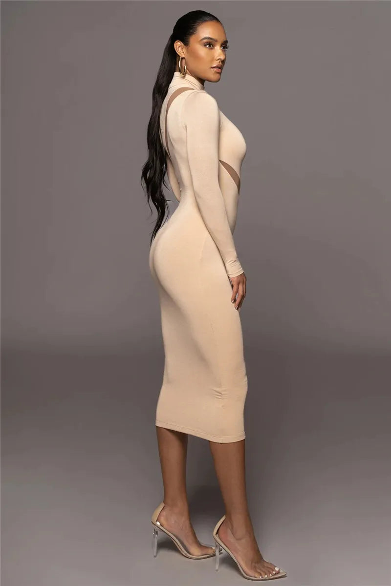 Mozision Elegant Long Sleeve Bodycon Sexy Maxi Dress For Women Autumn Winter Fashion Half High Collar Club Party Sexy Long Dress