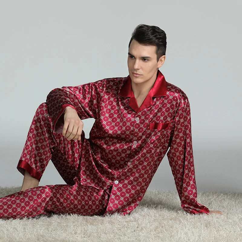 PLUS SIZE Men's Pajamas 2PCS Sleepwear Set Spring Autumn Long Sleeve Trouser Pijamas Suit Loose Print Silk Satin Lounge Wear