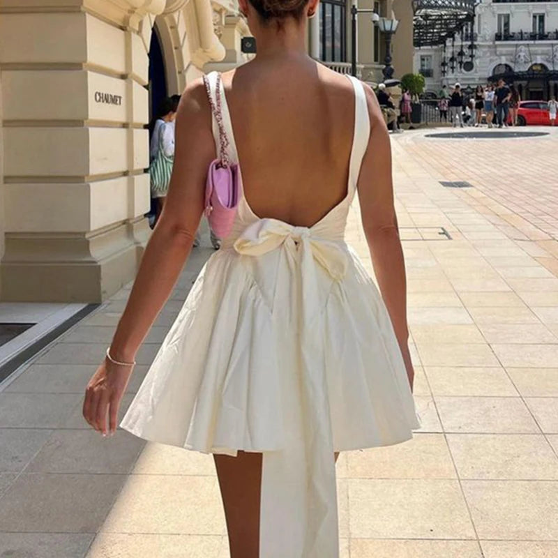 HEYounGIRL Women Sexy Backless Short Dress High Street Elegant Female Square Collar Sleeveless Dresses Holiday Style Outfits