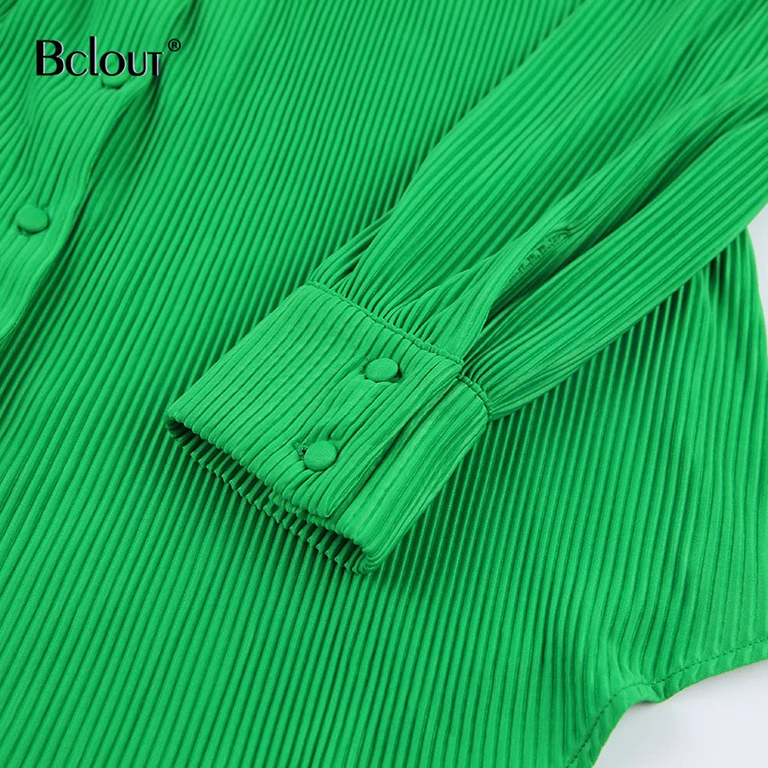 Bclout Green Pleated Sexy Dress Women High Waist Fashion Sashes Shirt Dresses Elegant Party Single Breasted Mini Dress Vintage