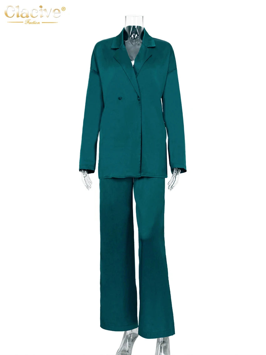 Clacive Fashion Long Sleeve Blazer Two Piece Sets Women Outifits Casual Loose Office Pants Set Elegant Green Satin Trouser Suits