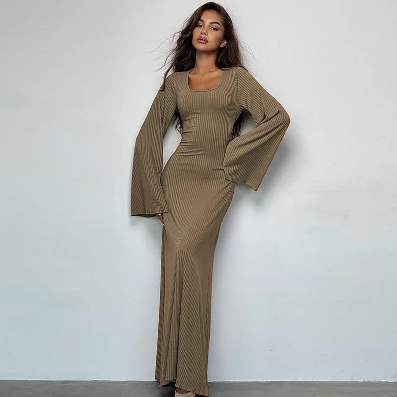 Solid Ribbed Trumpet Long Sleeve Maxi Dress Back Lace-Up Straps Elegant Casual  For Women A little thinner Dresses All seasons