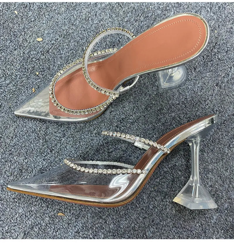 2024 Rhinestones satin Women Pumps Slippers Elegant Pointed toe High heels Lady Mules Sildes Summer Fashion Party prom Shoes