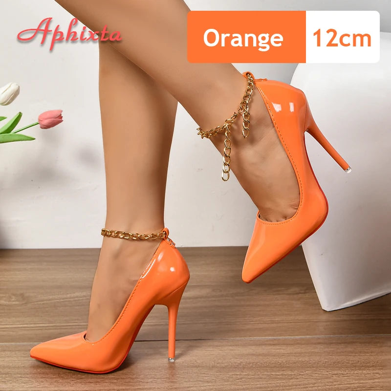 Aphixta Fashion Gold Metal Chain High 12cm/10cm Stiletto Heels Pumps Women Shoes Pointed Toe Party Pumps Super Big Size 48 49 50