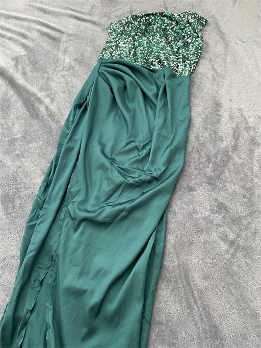 2024 Spring Summer New Green Sequined Fairy Long Sleeveless Fashion Dress Mid Evening Dress Strapless Sexy Formal