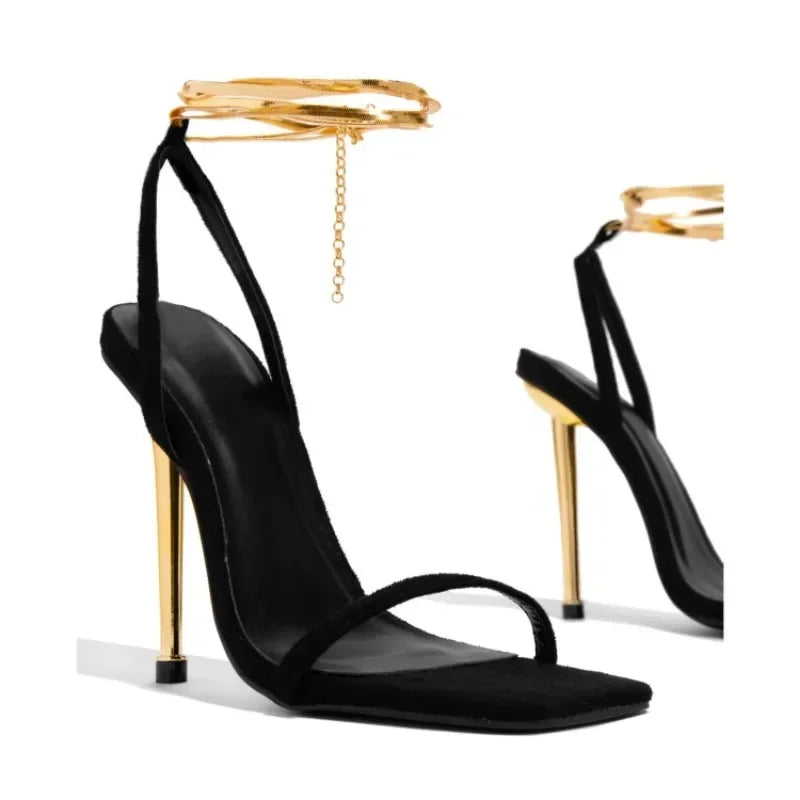 2025 Women Heels Sexy Gold Padlock High Heels Sandals Thin Single Strap Metal Stiletto Sandals Gold Heel Shoes Sandalias