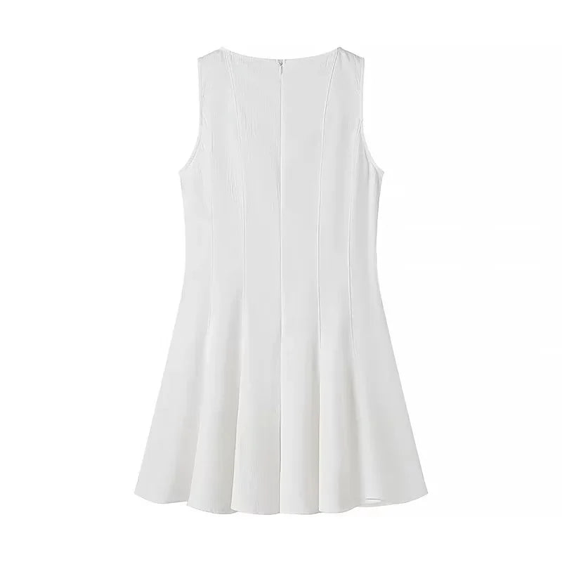 TRAF White Short Dresses For Women 2024 Ruced Sleeveless Mini Dress Woman Summer Elegant Party Dresses Pleated Holiday Dress