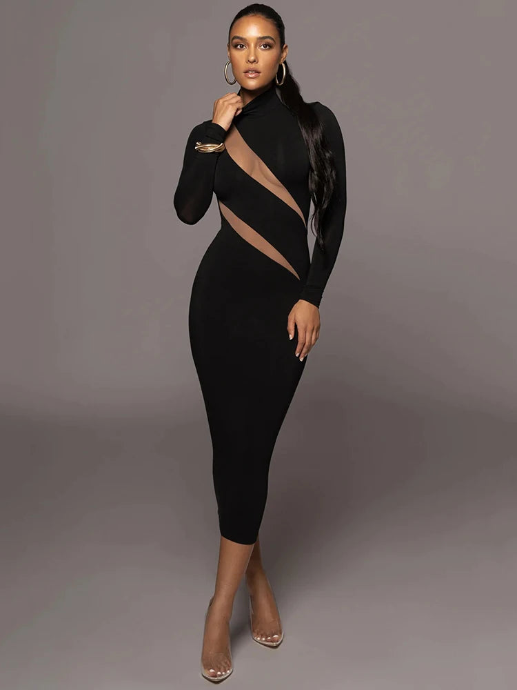 Mozision Elegant Long Sleeve Bodycon Sexy Maxi Dress For Women Autumn Winter Fashion Half High Collar Club Party Sexy Long Dress