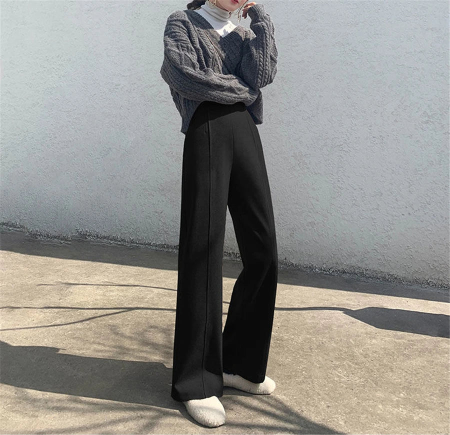 Super High Waist Wool Blend Pants Fall Winter Womens Warm Straight Trousers Loose Cashmere Thick Woolen Wide Leg Pantalones New