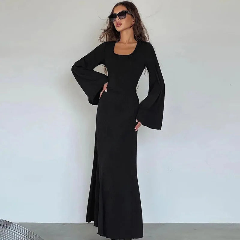 Solid Ribbed Trumpet Long Sleeve Maxi Dress Back Lace-Up Straps Elegant Casual  For Women A little thinner Dresses All seasons